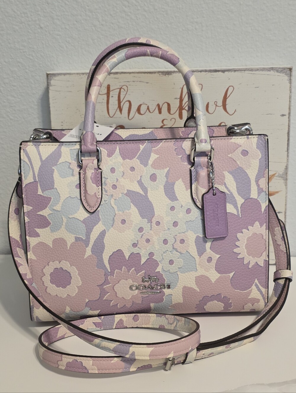 NEW Coach Maggie Small Tote Bag Floral Flowers Ivory Purple Pink CBM08 Crossbody